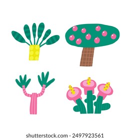 Cute ancient Egypt composition, postcard with funny hand drawn doodle apple fruit tree, palm, hibiscus. Old civilization, desert nature t shirt print, cover, template, banner, poster print objects