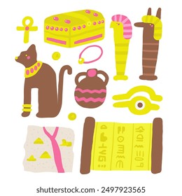 Cute ancient Egypt composition, postcard with funny hand drawn doodle totem cat, map, ra eye, chest, god figures, papyrus. Old civilization, desert nature t shirt print, cover, template, banner