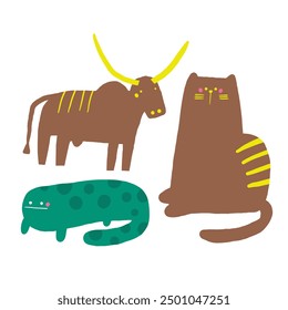 Cute ancient Egypt composition, postcard with funny hand drawn doodle bull, cow, cat, salamander, reptile. Old civilization, desert nature t shirt print, cover, template, banner, poster print objects