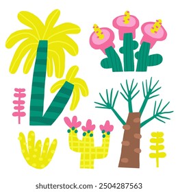 Cute ancient Egypt composition, postcard with funny hand drawn doodle palm, tree, fruit tree, leaves, plants, nature elements. Old civilization, desert nature t shirt print, cover, template, banner