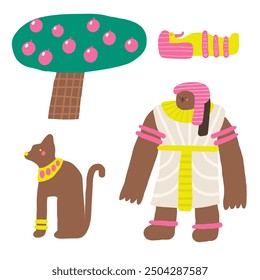 Linda composición del antiguo Egipto, postal con divertido dibujado a mano doodle princesa, mujer, reina, gato sagrado, tumba, árbol. Vieja civilización, impresión de la camiseta de la naturaleza del desierto, cubierta, Plantilla, Anuncio, cartel