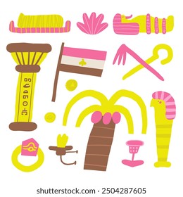 Linda composición del antiguo Egipto, postal con divertida columna de doodle dibujada a mano, bandera, palmera datilera, dios animal, anillo, hibisco. Vieja civilización, impresión de la camiseta de la naturaleza del desierto, cubierta, Plantilla, Anuncio