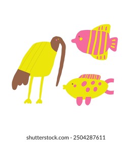 Cute ancient Egypt composition, postcard with funny hand drawn doodle ibis bird, fish. Old civilization, desert nature t shirt print, cover, template, banner, poster print objects