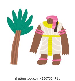 Cute ancient Egypt composition, postcard with funny hand drawn doodle Egyptian woman princess, female royal person, palm tree. Old civilization, desert nature t shirt print, cover, template, banner