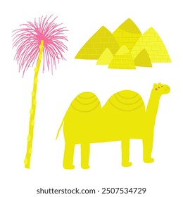 Cute ancient Egypt composition, postcard with funny hand drawn doodle camel, pyramids buildings architecture set, palm tree. Old civilization, desert nature t shirt print, cover, template, banner