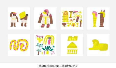 Cute ancient Egypt composition, postcards with funny hand drawn doodle column, flag, date palm, pharaoh head, eagle, animal god, ring, ra eye, princess, sphinx, snake, pyramids.