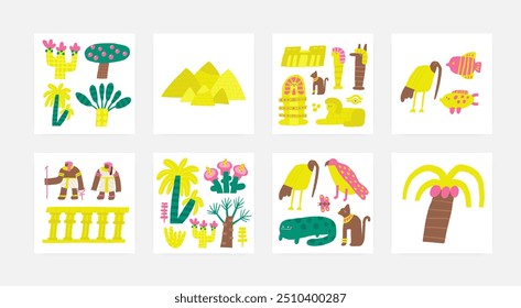 Linda composición del antiguo Egipto, postales con divertido dibujado a mano doodle palma, árbol, sarcófago, faraón, ibis, esfinge, rey, reina, peces. Vieja civilización, impresión de la camiseta de la naturaleza del desierto, cubierta, Plantilla