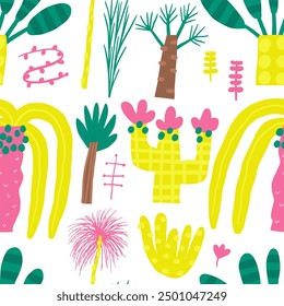 Nettes altes Ägypten Natur nahtloses Muster. Lustige handgezeichnete doodle wiederholbare Muster mit Palme, Baum, Obstbaum, Blätter, Pflanzen, Naturelemente. Alte Zivilisation, Wüste, arabischer Themenhintergrund