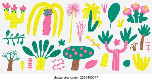 Lindas plantas del antiguo Egipto con divertida mano dibujada doodle palma, árbol, árbol frutal, hojas, plantas, Elementos de la naturaleza, palmera datilera, hibisco. Vieja civilización, naturaleza del desierto objetos colección