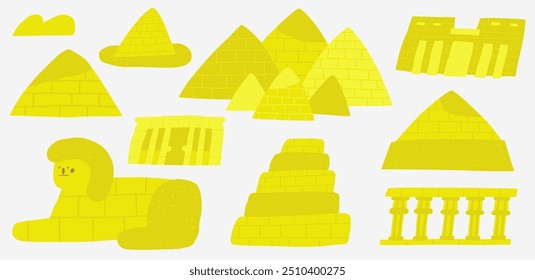 Bonito pirâmides do Egito antigo conjunto com engraçado mão desenhada doodle pirâmides edifícios arquitetura conjunto, necrópole, monumento, tumba, templos, esfinge, ruínas, castelos de areia. Arquitetura antiga do deserto