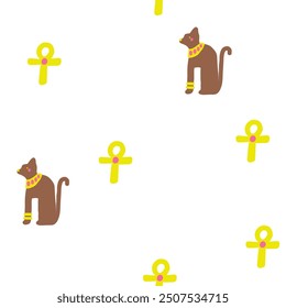 Cute ancient Egypt seamless pattern. Funny hand drawn doodle repeatable pattern with sacred cat statue, ankh symbol. Old civilization, desert, arab theme background