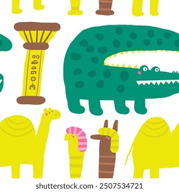 Cute ancient Egypt seamless pattern. Funny hand drawn doodle repeatable pattern with camel, crocodile, column with hieroglyph, animal gods. Old civilization, desert, arab theme background