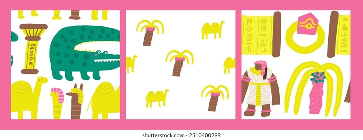 Cute ancient Egypt seamless patterns set. Funny hand drawn doodle repeatable pattern with camels animal, date palm trees, princess, ring. Old civilization, desert, arab theme background