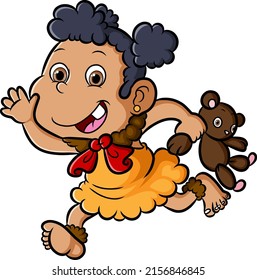 The cute ancient girl is running with the teddy bear doll of illustration