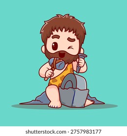 Cute Ancient Human Carving Rock Cartoon Vector Icon Illustration. People Holiday Icon Concept Isolated Premium Vector. Flat Cartoon Style