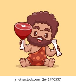 Cute Ancient Human Holding Steak Meat And Bone Cartoon Vector Icon Illustration. People Holiday Icon Concept Isolated Premium Vector. Flat Cartoon Style