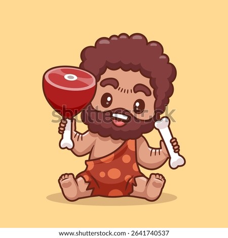 Cute Ancient Human Holding Steak Meat And Bone Cartoon Vector Icon Illustration. People Holiday Icon Concept Isolated Premium Vector. Flat Cartoon Style