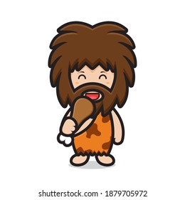 cute ancient man character holding meat. design isolated on white background
