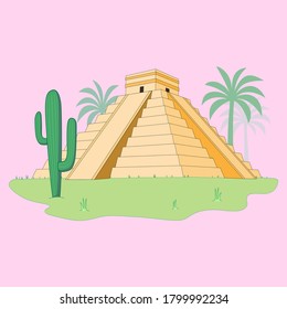 Cute ancient Mexican temple pyramid at Chichen Itza with palm trees and cactus
