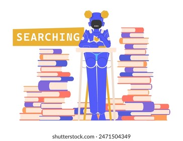 Cute android girl reads surrounded by stacks of books. Search and analysis of information using a neural network. The use of artificial intelligence in education, learning new skills. Vector flat.