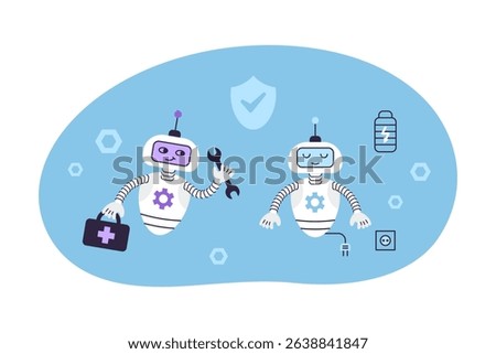 Cute android robot repairing another robot. Concept of digital security and technical support. Isolated vector illustration.
