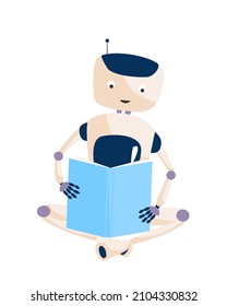 Cute android robot seating on the floor and reading a book. Instructions user guide. Flat color vector illustration.