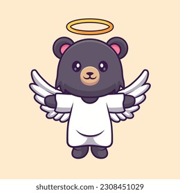 Cute Angel American Black Bear Flying Cartoon Vector Icon Illustration. Animal Holiday Icon Concept Isolated Premium Vector. Flat Cartoon Style