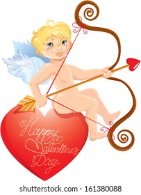 Cute angel with arrow and bow sitting on big red heart. Valentines Day card design. 