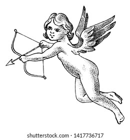 Cute angel with arrows and bow. Small aesthetic Cupids with wings fly in the sky. Children in Monochrome engraved style. Template for tattoo or logo. Hand drawn vintage sketch.