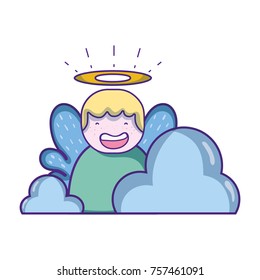 cute angel with aureole and wings with clouds