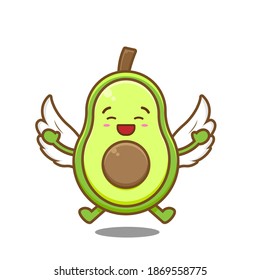 Cute angel avocado with wings. Vector illustration of chibi character isolated on white background.