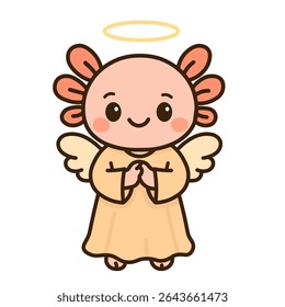 Cute angel axolotl with halo and wings – adorable cartoon character for Christmas, religious holidays, baby blessing, children’s storybook, heavenly creature clipart, and kawaii fantasy theme