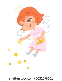 Cute angel baby girl vector illustration. Cartoon little fairy kid character with wings and halo flying in heaven, holding fantasy bottle with stars, magic fairytale dream concept isolated on white