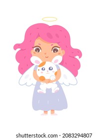 Cute angel baby girl vector illustration. Cartoon funny little kid with pink hair, holy halo and wings holding sweet spring bunny, fluffy rabbit animal. Happy Easter holiday isolated on white