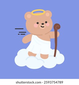 Cute Angel Bear in Toga Standing on Cloud with Halo and Shepherd's Staff Vector Illustration