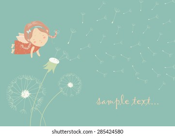 Cute angel blowing on a dandelion. Vector greeting card