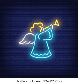 Cute angel blowing trumpet neon sign. Christmas or Easter design element. Night bright neon sign, colorful billboard, light banner. Vector illustration in neon style.