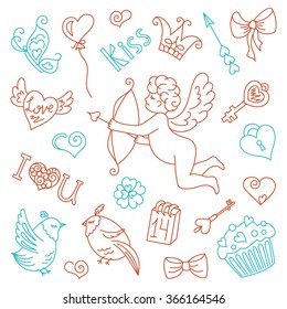 Cute angel with bow and arrows, doodles design elements Valentine's day. Heart, wings, crown, butterfly, bow, key, bird, gift, love, a flower, a kiss. The doodles set vector illustration.