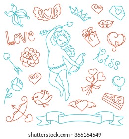 Cute angel with bow and arrows, doodles design elements Valentine's day. Heart, wings, crown, butterfly, bow, key, bird, gift, love, a flower, a kiss. The doodles set vector illustration.