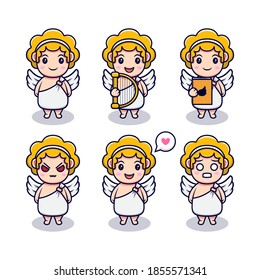 Cute Angel Boy with Different Expressions Set Cartoon Vector Icon Illustration. Flat Cartoon Style Suitable for Story Book, Flyer, Sticker, Card
