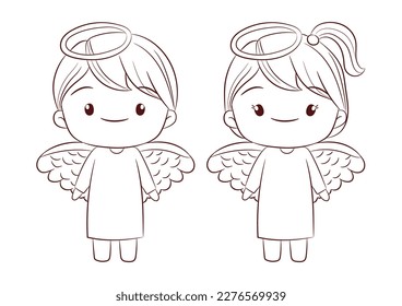 Cute angel boy and girl standing together doodle style on white background vector.