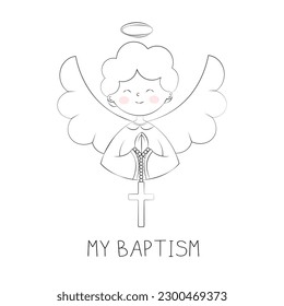 A Cute Angel Boy Holds a Cross Card for Baptism Day Baptized and Blessed Simple Doodle Vector Illustration