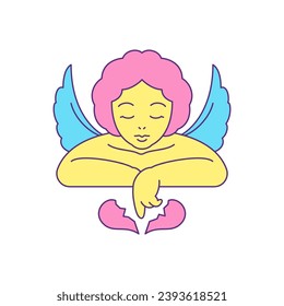 Cute angel with broken heart lost love winged cartoon character groovy style icon vector flat illustration. Adorable pink fairy tale amour romantic trendy sticker funky comic t shirt print contoured