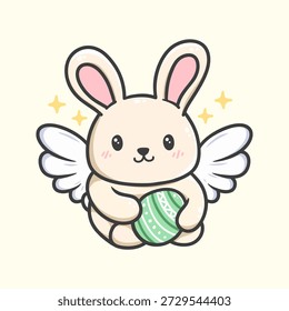 Conejito de ángel lindo que sostiene la ilustración del huevo de Pascua para el icono, la etiqueta engomada y otros usos, estilo de Vector dibujado a mano.