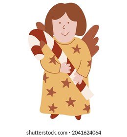 Cute  angel with candy cane.  Vector hand drawn illustration isolated on white background.  Great for greeting Christmas cards.	
Earth tones.