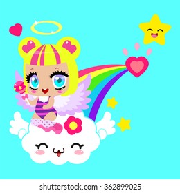 Cute angel with candy sitting on a cloud and a rainbow. Perfect for Valentine's Day and baby design.