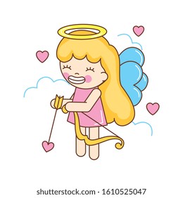 cute angel cartoon between clouds and hearts. vector illustration