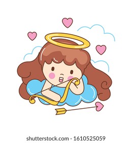 cute angel cartoon between clouds and hearts. vector illustration