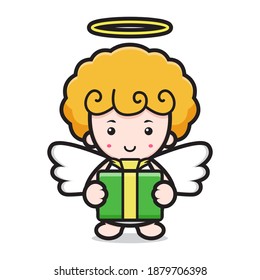 cute angel cartoon character holding box gift