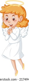 Cute angel cartoon character in white dress on white background illustration